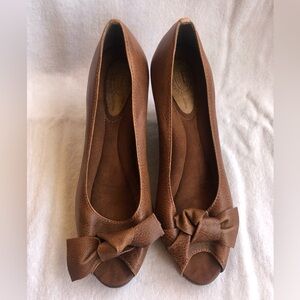 Dr SCHOLL'S Women Brown Leather Pump Wedge Heel Peep Toe Shoe